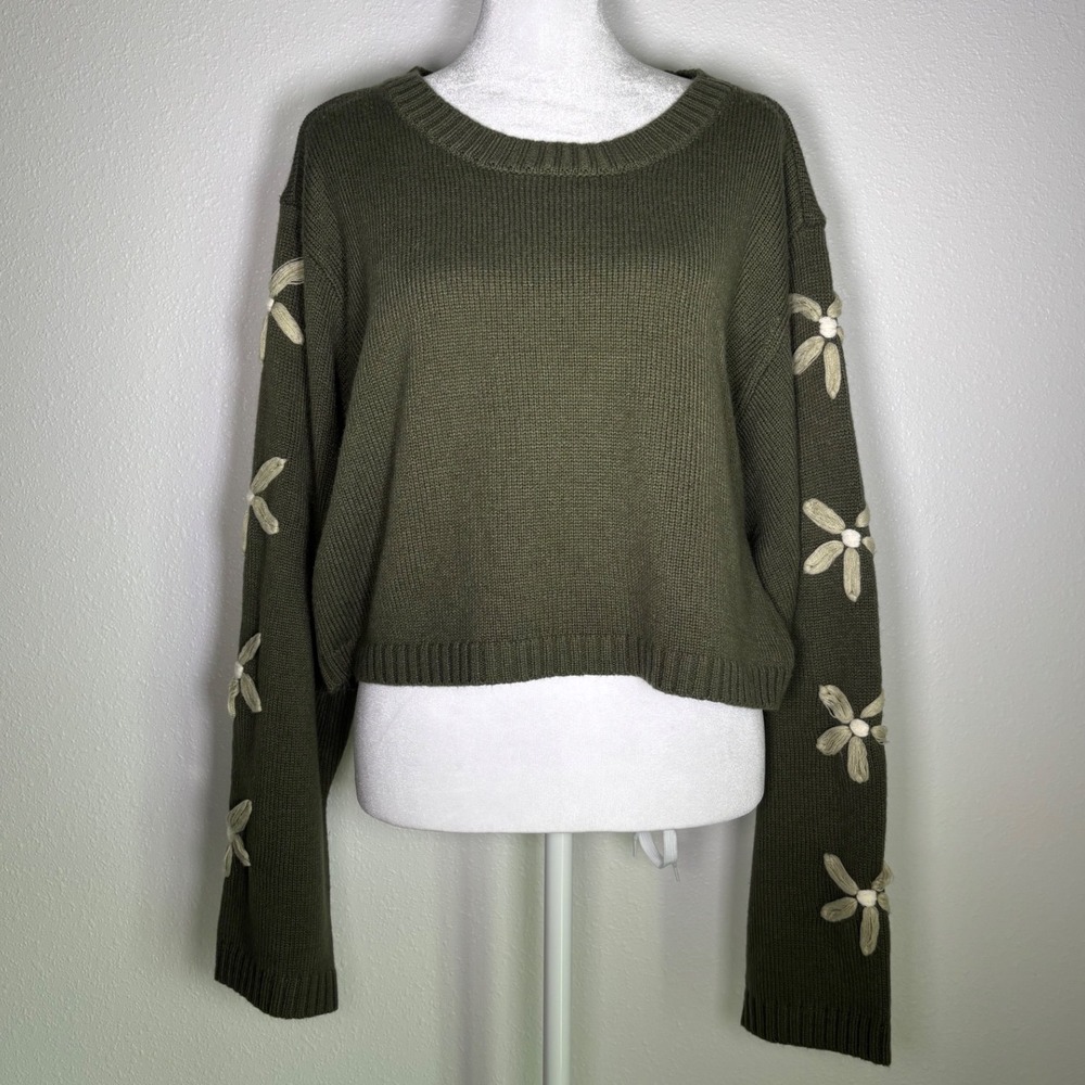 Boho Whimsy Olive Green Floral Embroidered Sleeve Knit Sweater XL Altar'd State